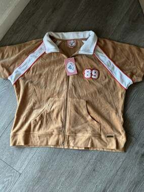 Cali Cat Women's Brown Velour Zip-Up Short Sleeve Jacket with 89 Patch